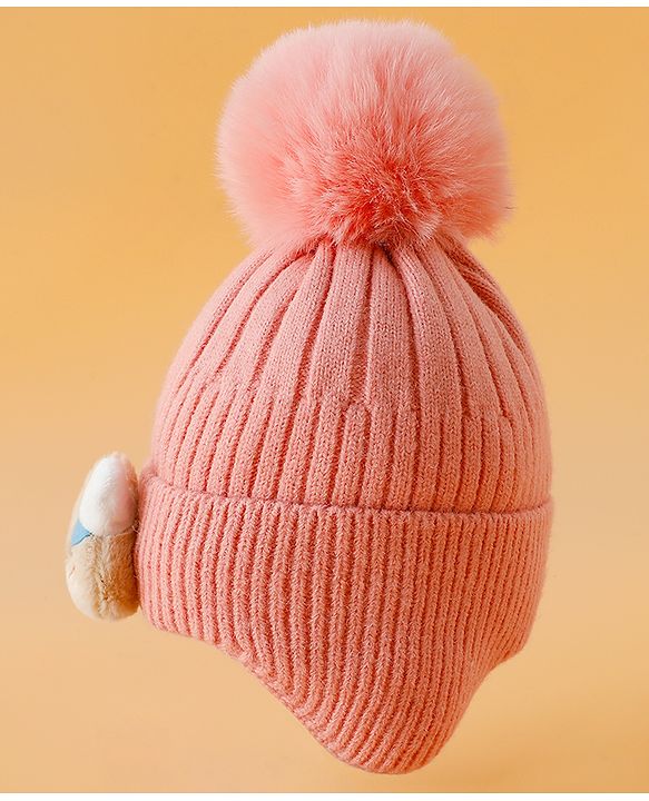 Babyhug Woollen Cap Mitten & Muffler Set with Teddy Embroidery & Applique Pink - Diameter 14 cm
