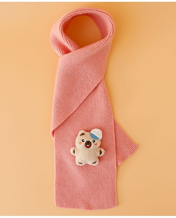 Babyhug Woollen Cap Mitten & Muffler Set with Teddy Embroidery & Applique Pink - Diameter 14 cm