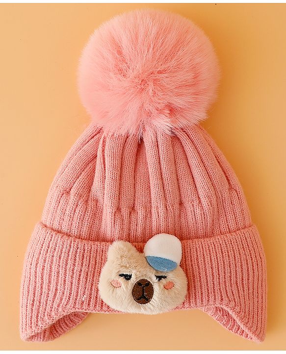 Babyhug Woollen Cap Mitten & Muffler Set with Teddy Embroidery & Applique Pink - Diameter 14 cm