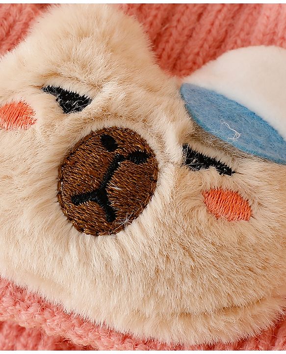 Babyhug Woollen Cap Mitten & Muffler Set with Teddy Embroidery & Applique Pink - Diameter 14 cm