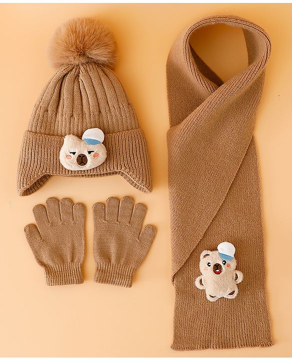 Babyhug Woollen Cap Mitten & Muffler Set with Teddy Embroidery & Applique Pink - Diameter 14 cm