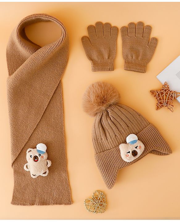 Babyhug Woollen Cap Mitten & Muffler Set with Teddy Embroidery & Applique Pink - Diameter 14 cm