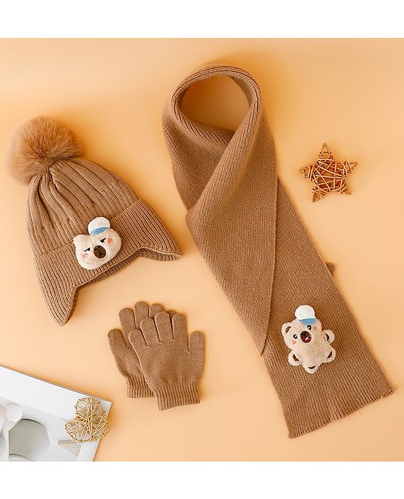 Babyhug Woollen Cap Mitten & Muffler Set with Teddy Embroidery & Applique Pink - Diameter 14 cm