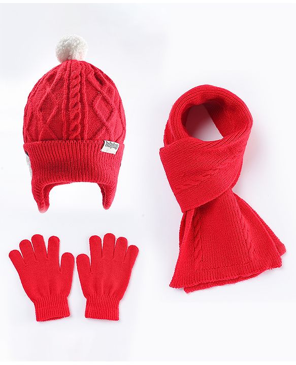 Babyhug Woollen Cap Scarf & Gloves Set with Cable Knit Design Red - Diameter 10 cm