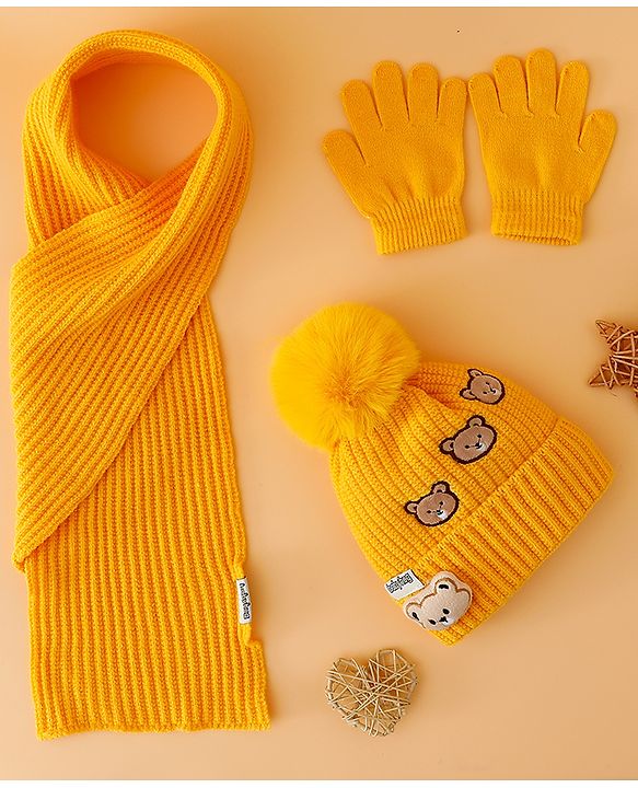 Babyhug Woollen Cap Mitten & Muffler Set with Teddy Embroidery & Applique Yellow - Diameter 12 cm