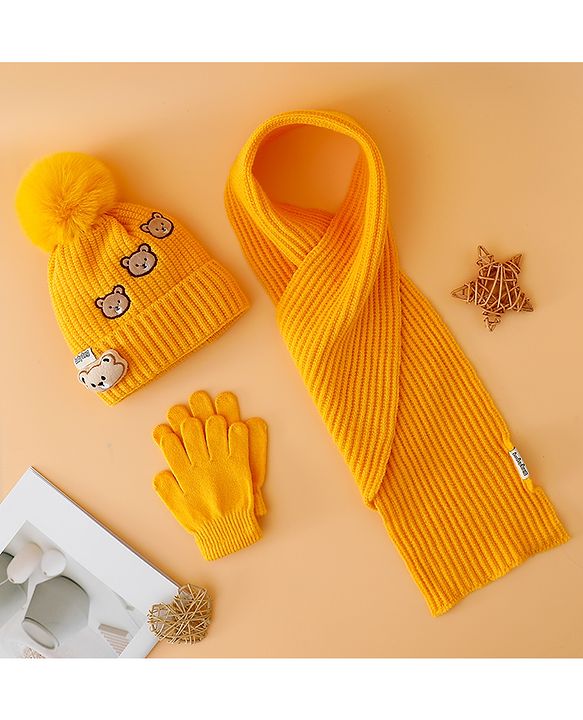 Babyhug Woollen Cap Mitten & Muffler Set with Teddy Embroidery & Applique Yellow - Diameter 12 cm