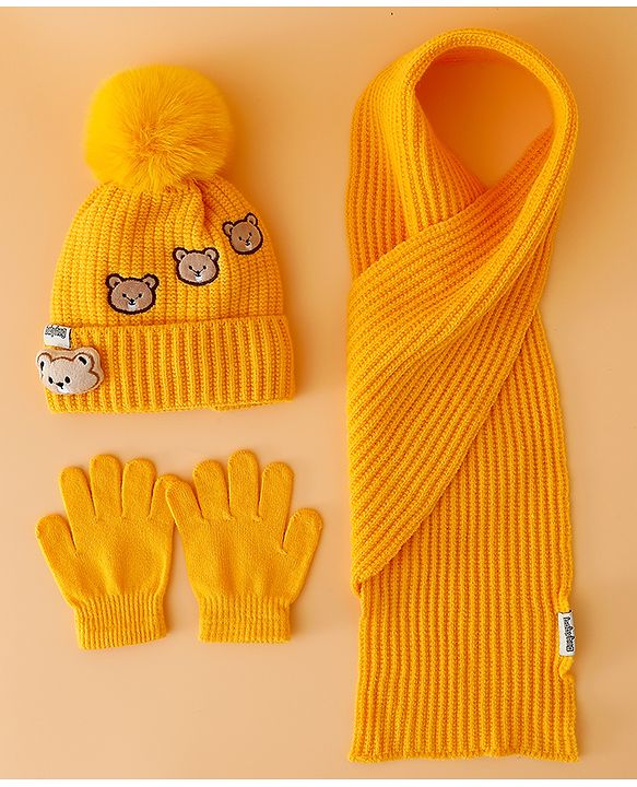 Babyhug Woollen Cap Mitten & Muffler Set with Teddy Embroidery & Applique Yellow - Diameter 12 cm