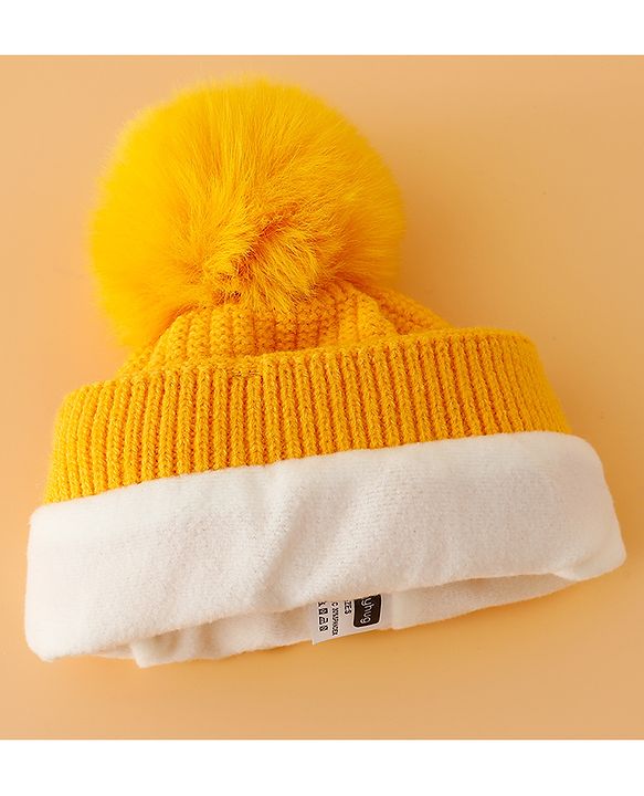 Babyhug Woollen Cap Mitten & Muffler Set with Teddy Embroidery & Applique Yellow - Diameter 12 cm