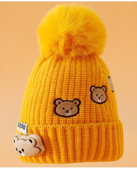 Babyhug Woollen Cap Mitten & Muffler Set with Teddy Embroidery & Applique Yellow - Diameter 12 cm