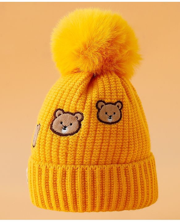 Babyhug Woollen Cap Mitten & Muffler Set with Teddy Embroidery & Applique Yellow - Diameter 12 cm