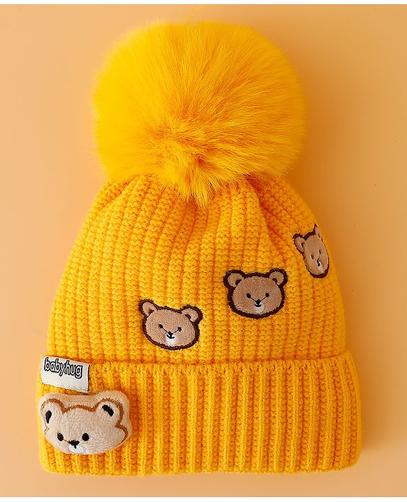 Babyhug Woollen Cap Mitten & Muffler Set with Teddy Embroidery & Applique Yellow - Diameter 12 cm