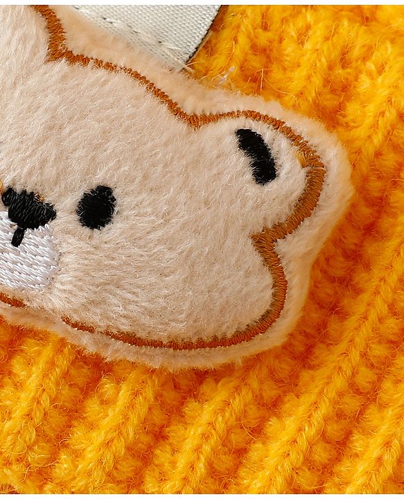 Babyhug Woollen Cap Mitten & Muffler Set with Teddy Embroidery & Applique Yellow - Diameter 12 cm