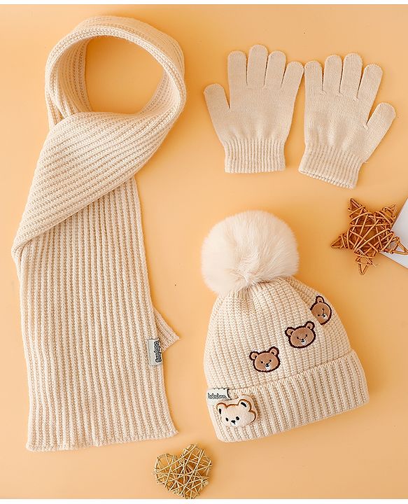 Babyhug Woollen Cap Mitten & Muffler Set with Teddy Embroidery & Applique Yellow - Diameter 12 cm