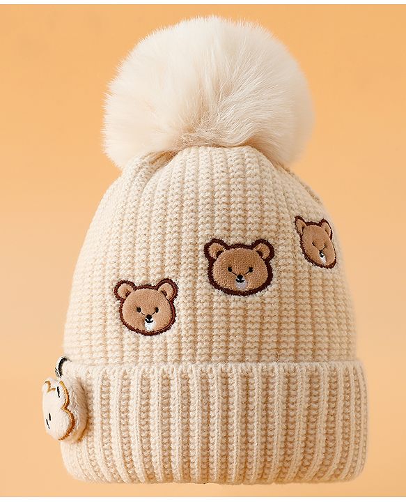 Babyhug Woollen Cap Mitten & Muffler Set with Teddy Embroidery & Applique Yellow - Diameter 12 cm