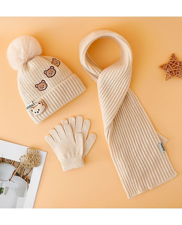 Babyhug Woollen Cap Mitten & Muffler Set with Teddy Embroidery & Applique Yellow - Diameter 12 cm