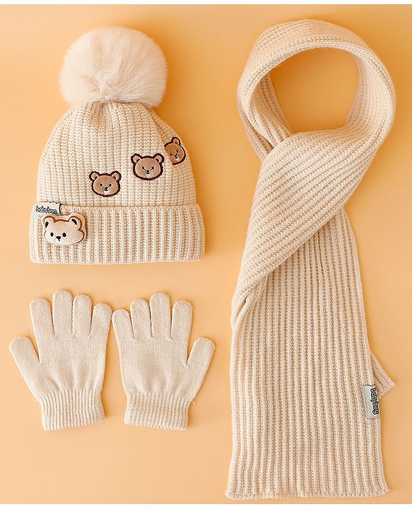 Babyhug Woollen Cap Mitten & Muffler Set with Teddy Embroidery & Applique Yellow - Diameter 12 cm