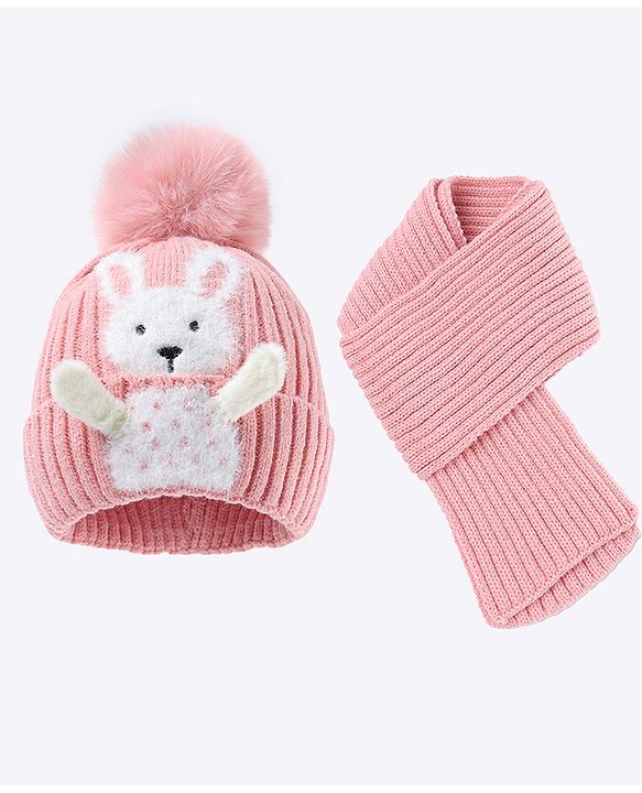 Babyhug Pom Pom Woollen Cap with Muffler & Bunny Applique Pink - Diameter 13.5 cm