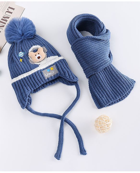 Babyhug Wollen Cap & Muffler Set With Space Theme Design & Bear Applique Blue - Diameter 13 cm