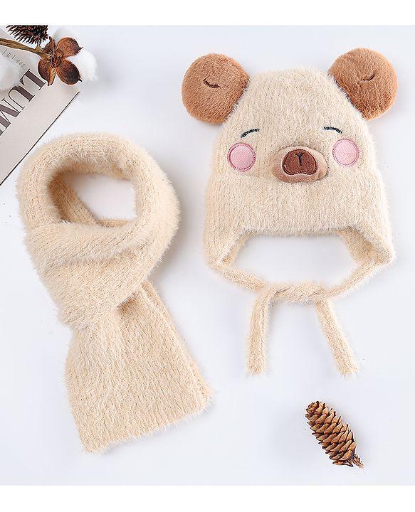 Babyhug Woollen Cap with Muffler & Ear Applique Beige - Diameter 12.5 cm
