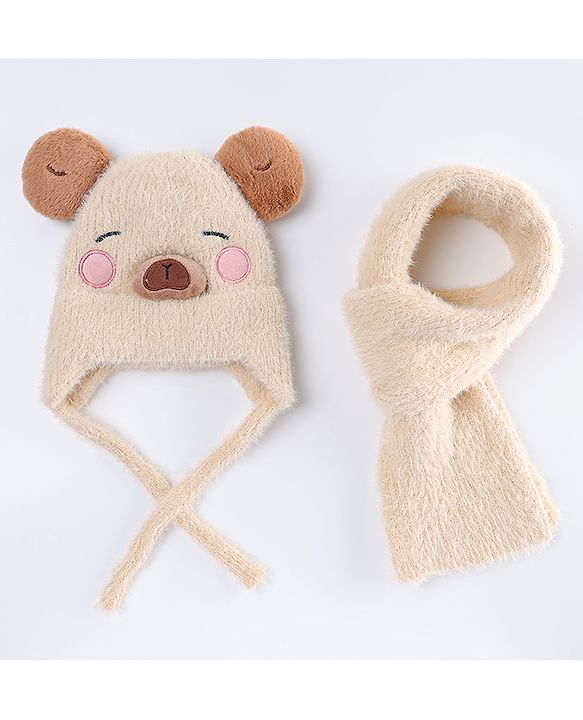 Babyhug Woollen Cap with Muffler & Ear Applique Beige - Diameter 12.5 cm