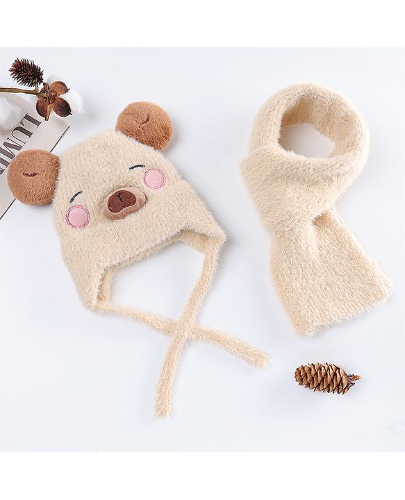 Babyhug Woollen Cap with Muffler & Ear Applique Beige - Diameter 12.5 cm