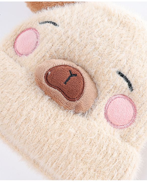 Babyhug Woollen Cap with Muffler & Ear Applique Beige - Diameter 12.5 cm