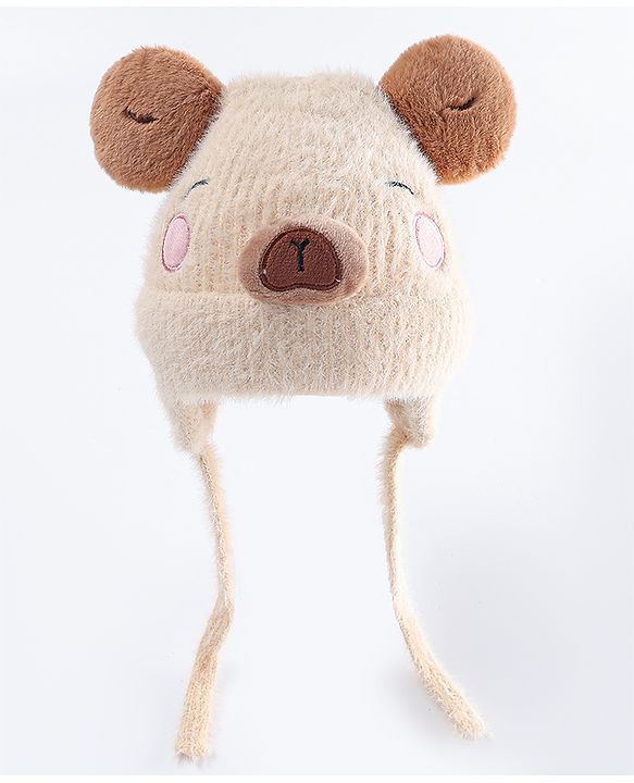 Babyhug Woollen Cap with Muffler & Ear Applique Beige - Diameter 12.5 cm