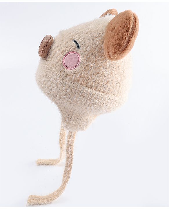 Babyhug Woollen Cap with Muffler & Ear Applique Beige - Diameter 12.5 cm