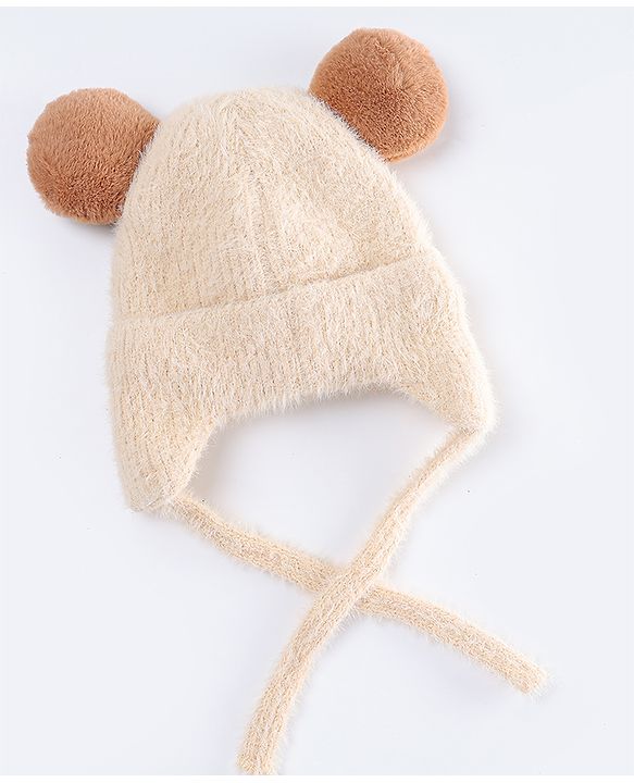 Babyhug Woollen Cap with Muffler & Ear Applique Beige - Diameter 12.5 cm