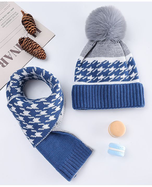 Babyhug Pom Pom Woollen Cap with Muffler & Design Navy Blue - Diameter 11.5 cm