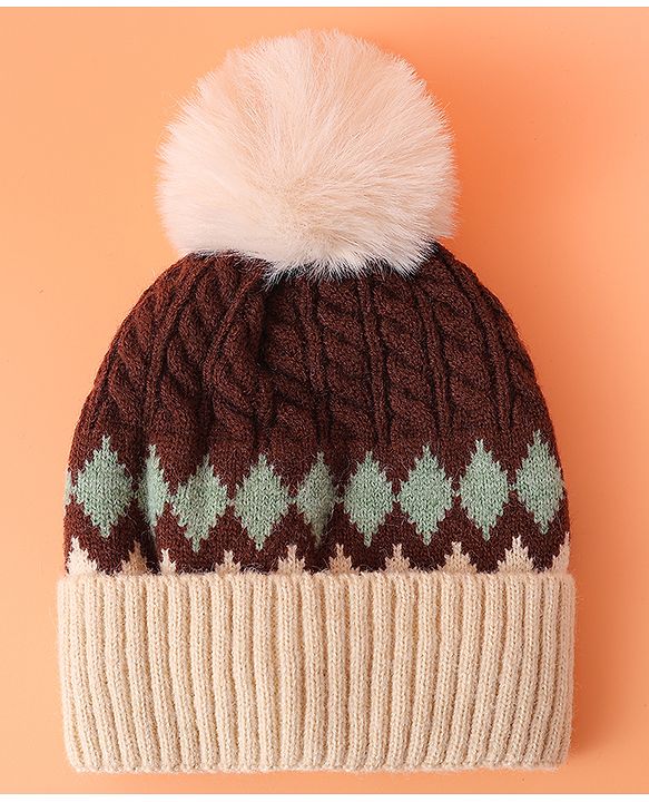 Babyhug Woollen Cap with Cable Knit Design & Pom Pom Brown - Diameter 13 cm