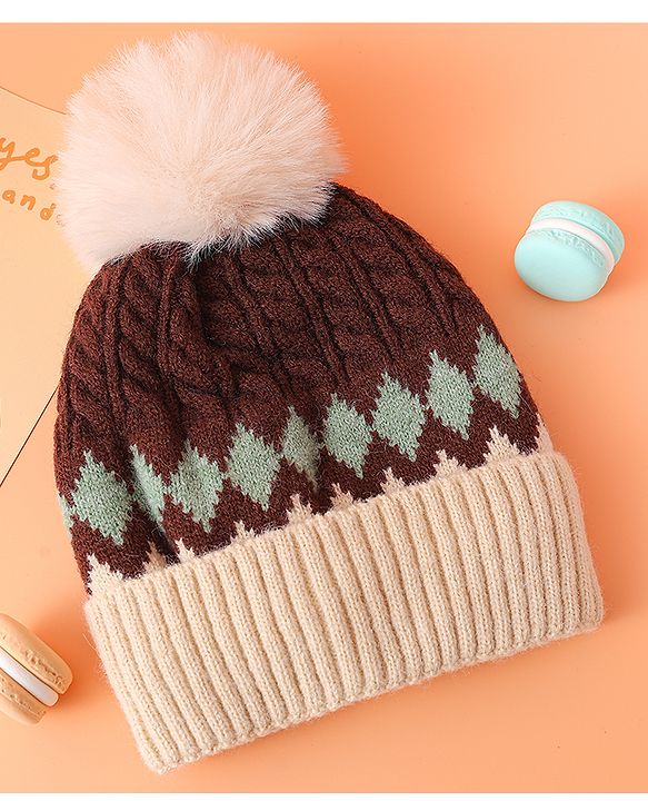 Babyhug Woollen Cap with Cable Knit Design & Pom Pom Brown - Diameter 13 cm