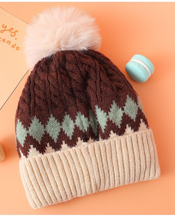 Babyhug Woollen Cap with Cable Knit Design & Pom Pom Brown - Diameter 13 cm