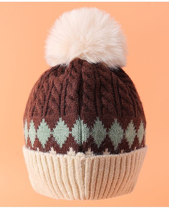 Babyhug Woollen Cap with Cable Knit Design & Pom Pom Brown - Diameter 13 cm