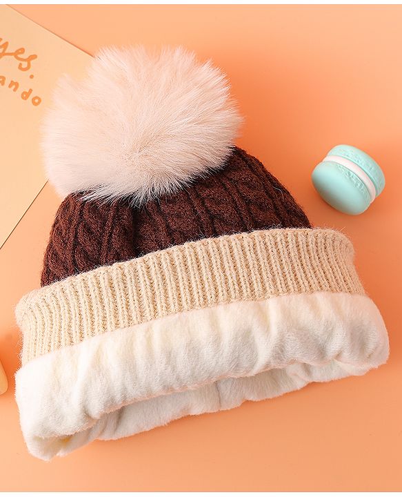Babyhug Woollen Cap with Cable Knit Design & Pom Pom Brown - Diameter 13 cm