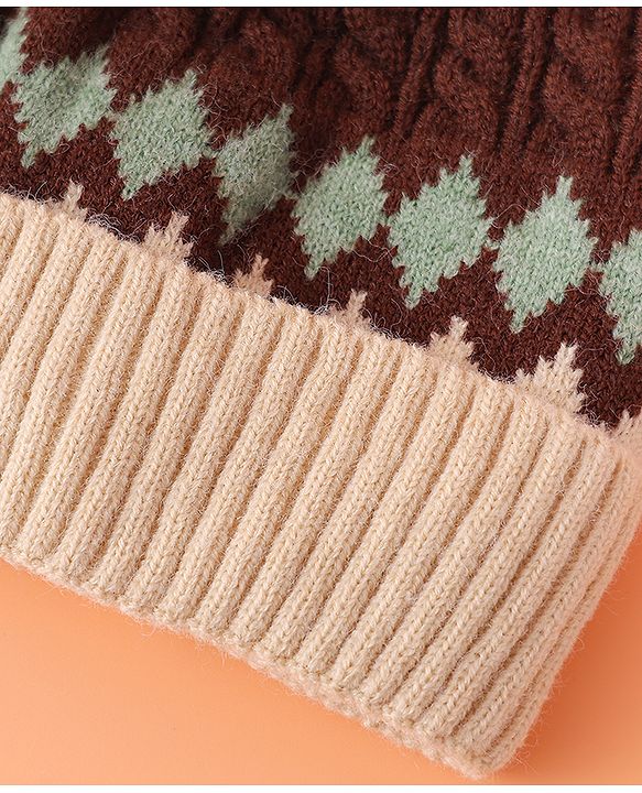 Babyhug Woollen Cap with Cable Knit Design & Pom Pom Brown - Diameter 13 cm