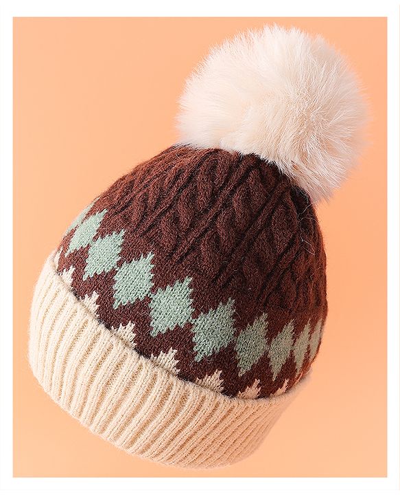 Babyhug Woollen Cap with Cable Knit Design & Pom Pom Brown - Diameter 13 cm