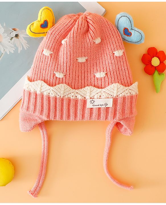Babyhug Woollen Cap With Cord & Ear Applique Pink - Diameter 11 cm