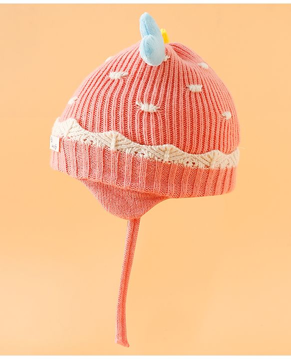 Babyhug Woollen Cap With Cord & Ear Applique Pink - Diameter 11 cm