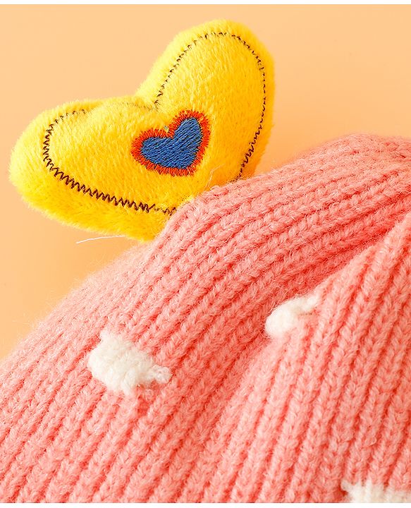 Babyhug Woollen Cap With Cord & Ear Applique Pink - Diameter 11 cm