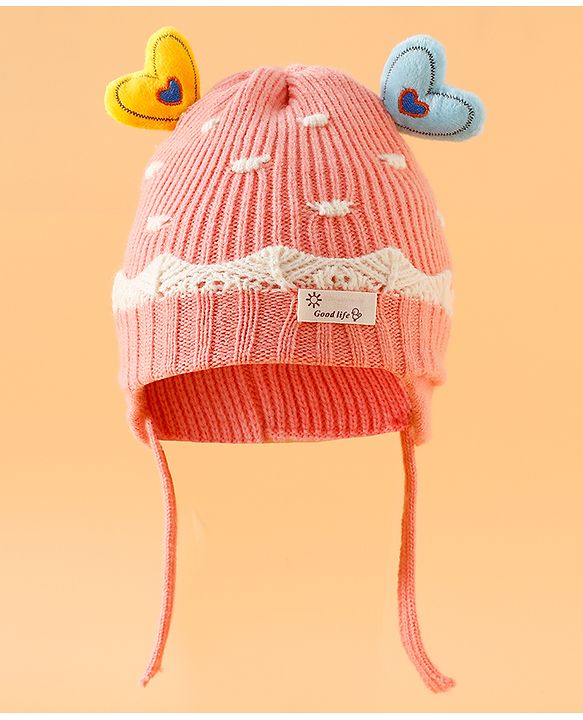 Babyhug Woollen Cap With Cord & Ear Applique Pink - Diameter 11 cm