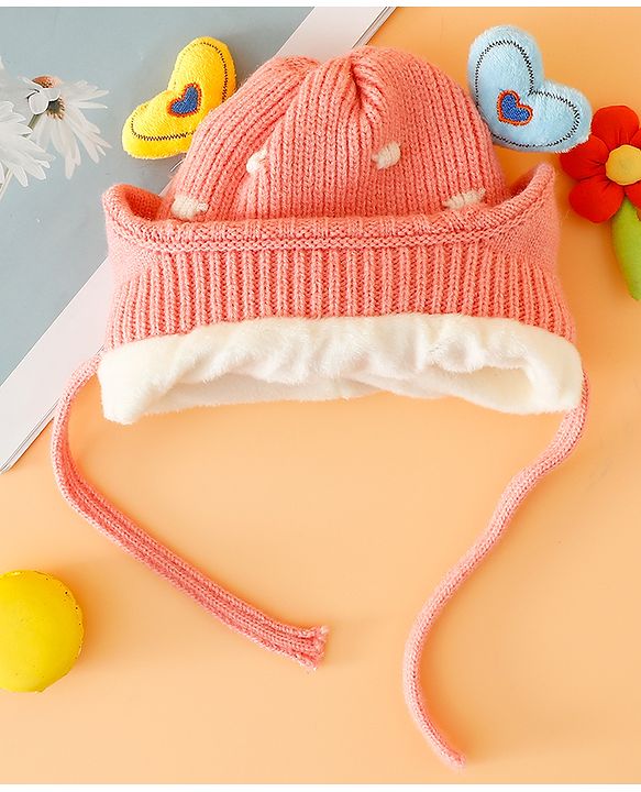 Babyhug Woollen Cap With Cord & Ear Applique Pink - Diameter 11 cm