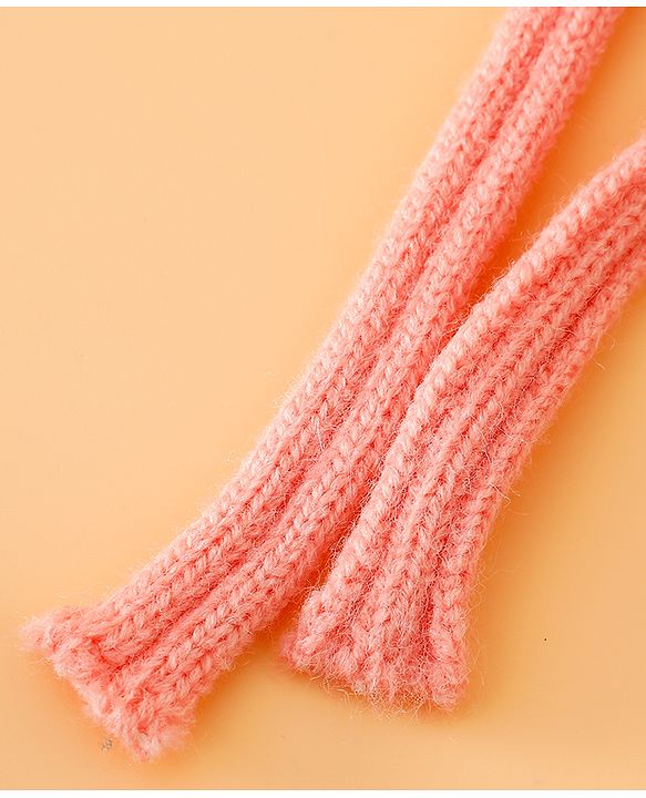 Babyhug Woollen Cap With Cord & Ear Applique Pink - Diameter 11 cm