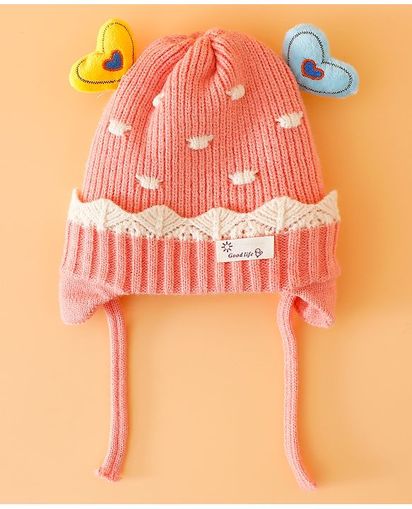 Babyhug Woollen Cap With Cord & Ear Applique Pink - Diameter 11 cm