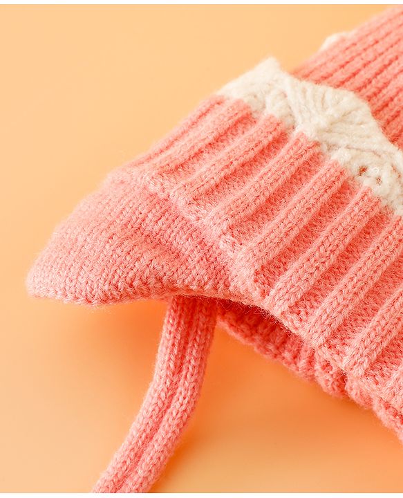 Babyhug Woollen Cap With Cord & Ear Applique Pink - Diameter 11 cm