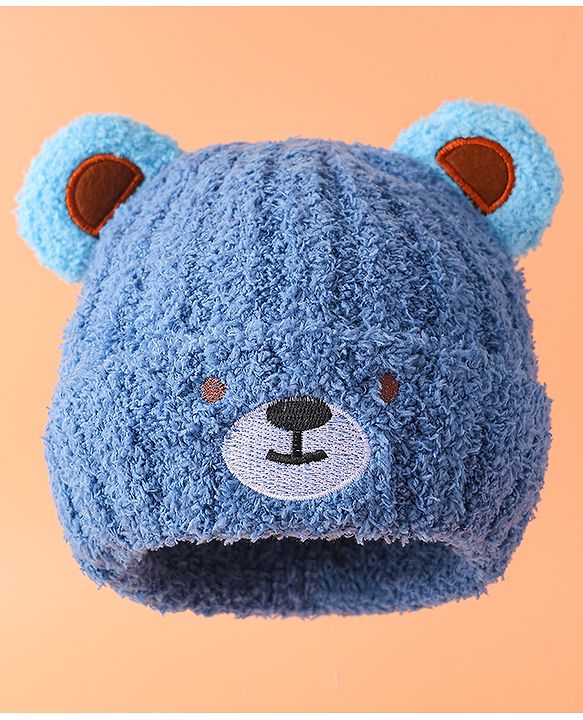 Babyhug Woollen Cap with Ear & Embroidery Blue - Diameter 12.5 cm