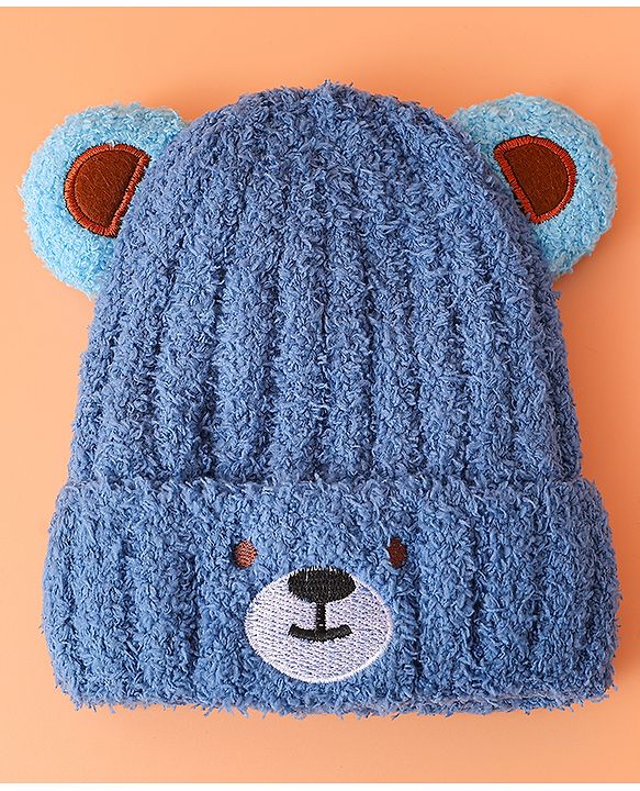 Babyhug Woollen Cap with Ear & Embroidery Blue - Diameter 12.5 cm