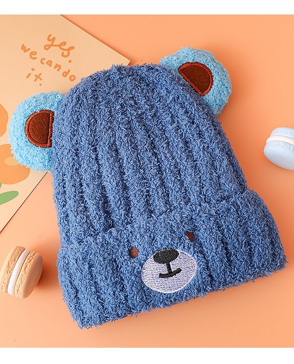 Babyhug Woollen Cap with Ear & Embroidery Blue - Diameter 12.5 cm