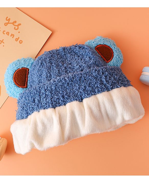 Babyhug Woollen Cap with Ear & Embroidery Blue - Diameter 12.5 cm
