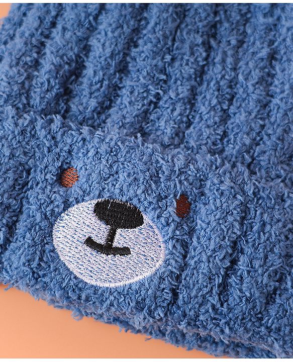 Babyhug Woollen Cap with Ear & Embroidery Blue - Diameter 12.5 cm